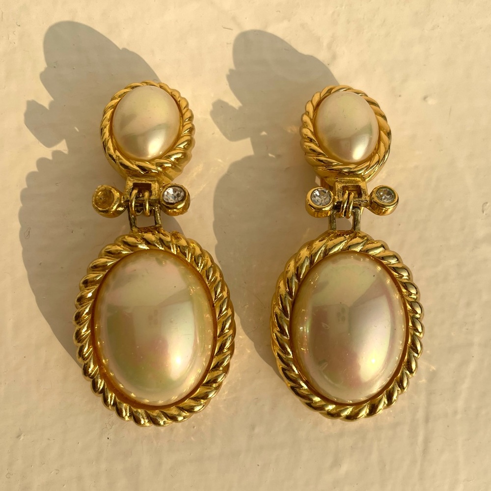 Christian Dior Pearl Gold Dangle Clip On Earrings